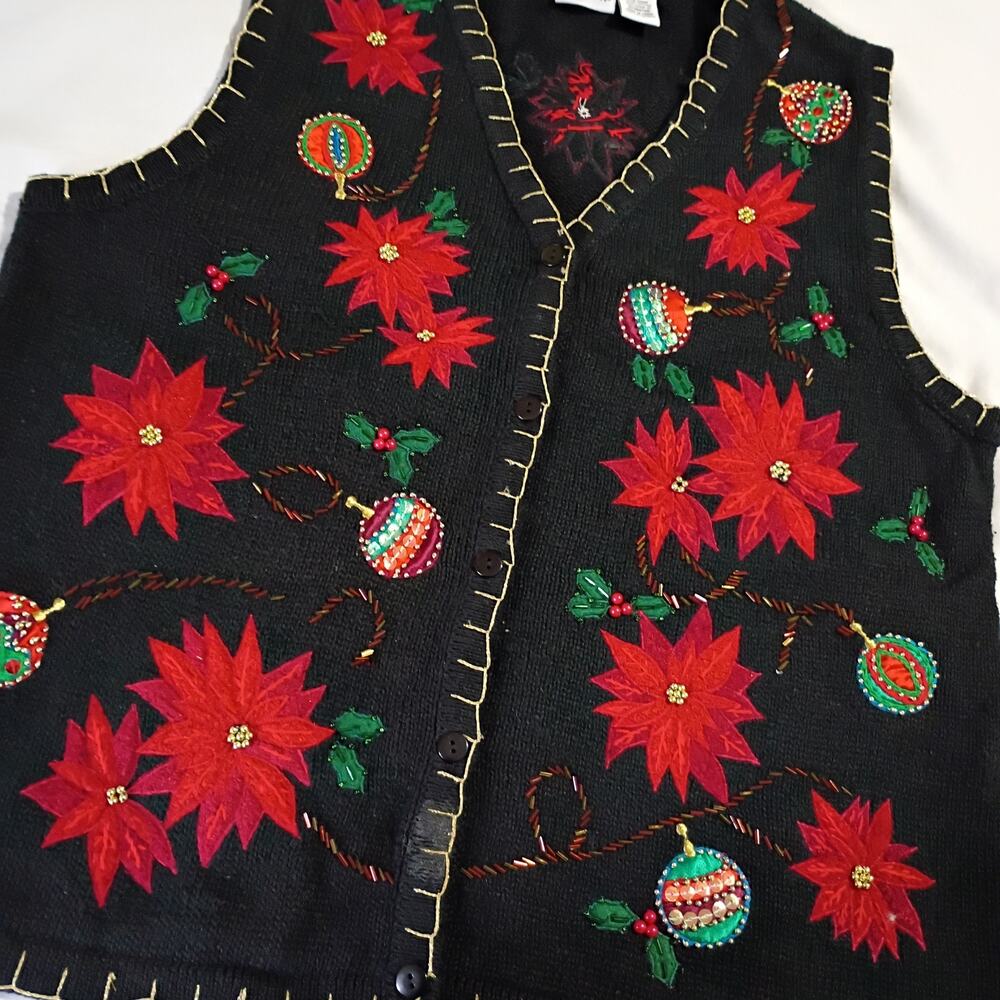 Ugly Christmas Sweater Vest Large Poinsettias Beaded Ornaments Kim Rogers Black